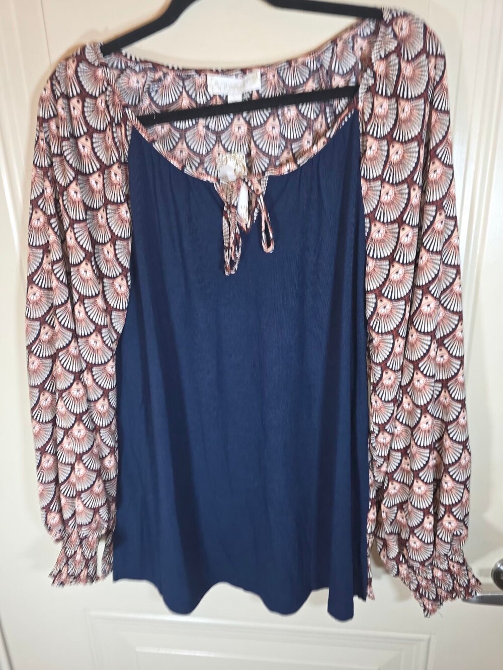 NWT Weekend Suzanne Betro Boho Tunic Top L Fan Print Balloon Sleeve Western
